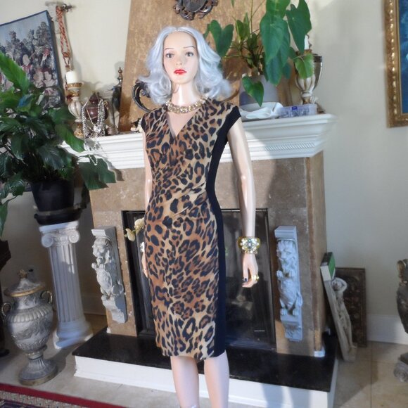 Escada Black & Brown Leopard Print Ruched Surplice Sheath Dress Size EU 38- US 8 - Picture 5 of 16